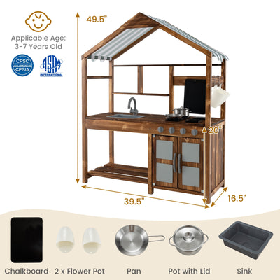 Kid's Mud Kitchen Outdoor Solid Wood Mud Kitchen with Canopy-Natural