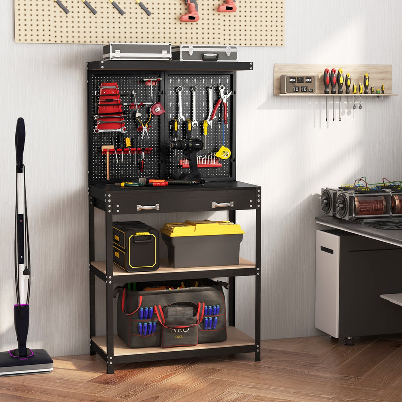 Tool Storage Workbench with Pegboard with 14 Hanging Accessories for Garage-Black and Red