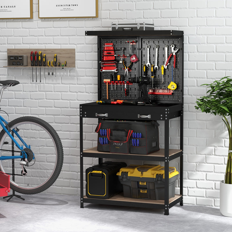 Tool Storage Workbench with Pegboard with 14 Hanging Accessories for Garage-Black and Red