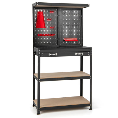 Tool Storage Workbench with Pegboard with 14 Hanging Accessories for Garage-Black and Red