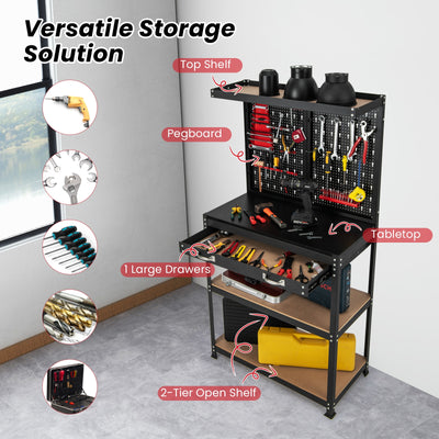 Tool Storage Workbench with Pegboard with 14 Hanging Accessories for Garage-Black and Red