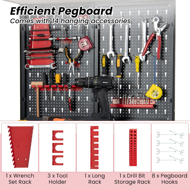 Tool Storage Workbench with Pegboard with 14 Hanging Accessories for Garage-Black and Red