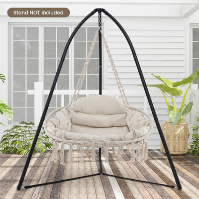 Hand-Woven Rope Hanging Chair with Thick Cushion and Folding Metal Frame-Beige