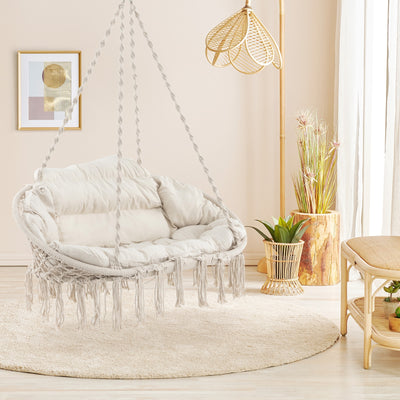 Hand-Woven Rope Hanging Chair with Thick Cushion and Folding Metal Frame-Beige