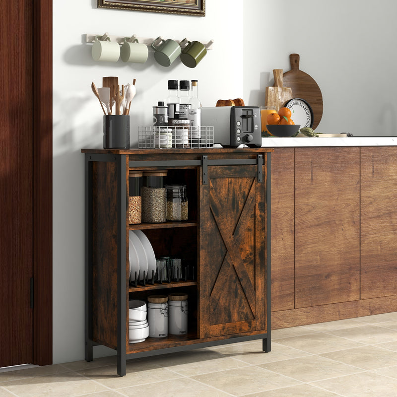 32 Inch Farmhouse Sideboard Buffet Cabinet with Sliding Barn Door and Adjustable Shelves-Rustic Brown