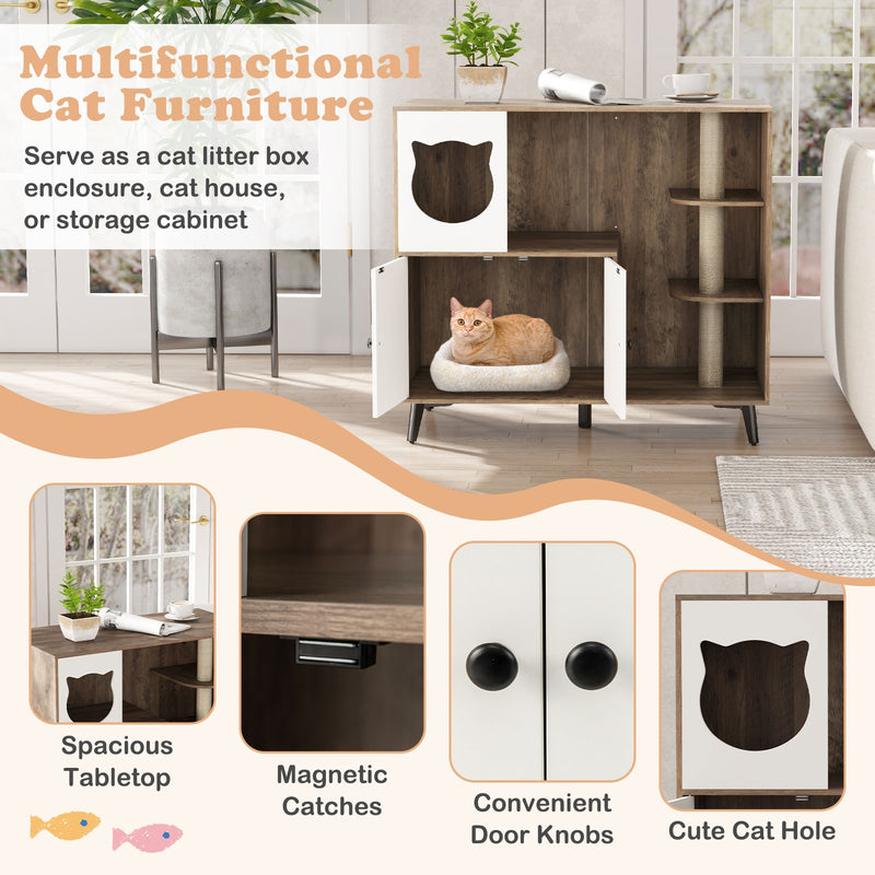 Cat Litter Box Enclosure with 3 Sisal Scratching Posts for Indoor Cats-Natural