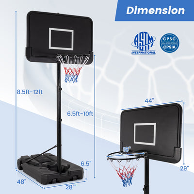 6.5-10 FT Adjustable Portable Basketball Hoop with 44 Inch Shatterproof Backboard and Fillable Base