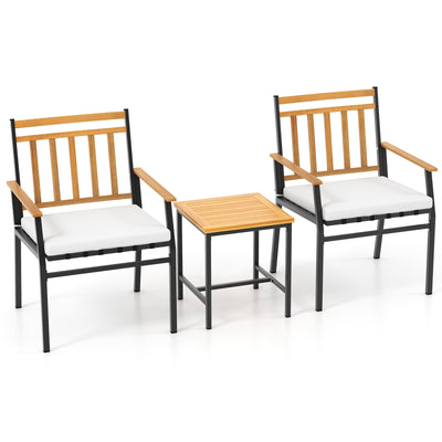 3 Pieces Outdoor Furniture Set Acacia Wood Patio Conversation Set with Cushions-White