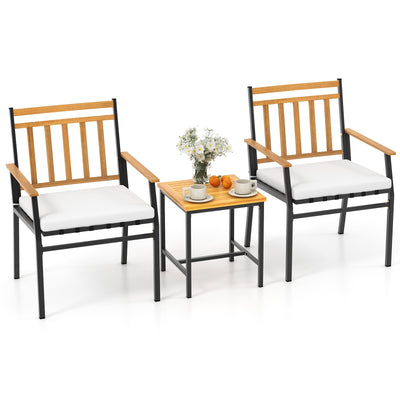 3 Pieces Outdoor Furniture Set Acacia Wood Patio Conversation Set with Cushions-White