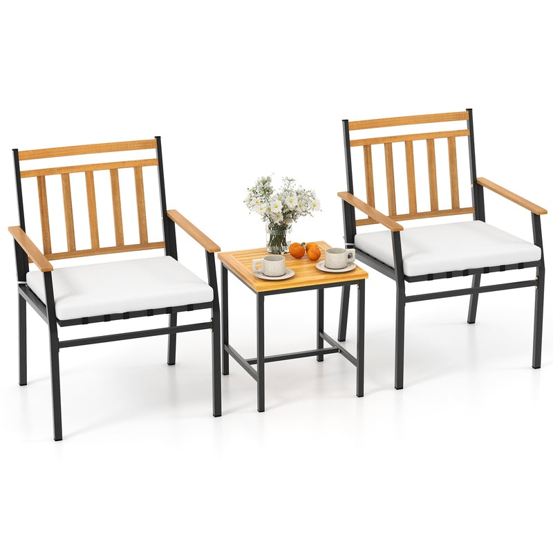 3 Pieces Outdoor Furniture Set Acacia Wood Patio Conversation Set with Cushions-White