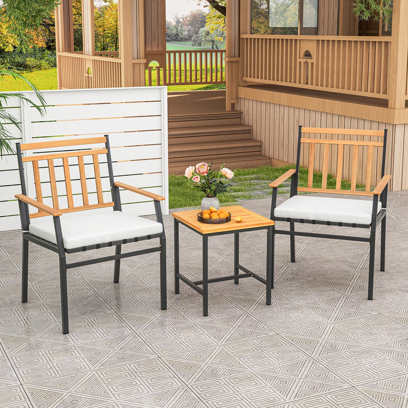 3 Pieces Outdoor Furniture Set Acacia Wood Patio Conversation Set with Cushions-White