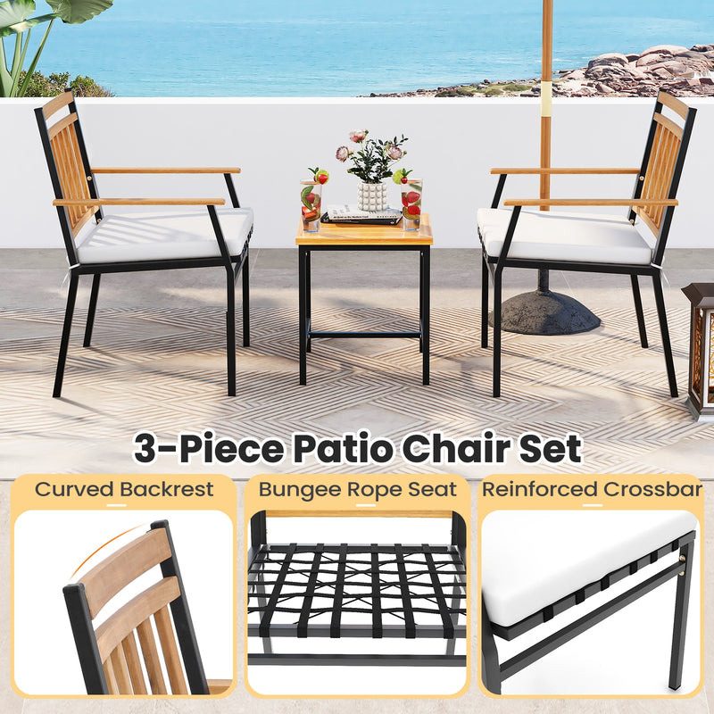 3 Pieces Outdoor Furniture Set Acacia Wood Patio Conversation Set with Cushions-White