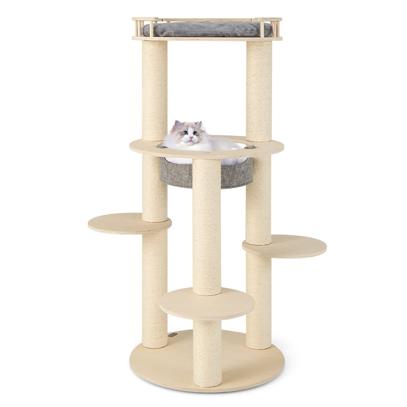 5-level Wooden Cat Tree with Padded Perch Non-woven Hammock-Gray