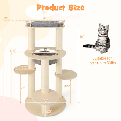 5-level Wooden Cat Tree with Padded Perch Non-woven Hammock-Gray