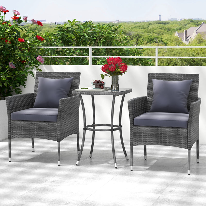 3 Pieces Patio Furniture Set with Cushioned Patio Chairs and Tempered Glass Coffee Table-Gray