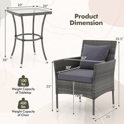 3 Pieces Patio Furniture Set with Cushioned Patio Chairs and Tempered Glass Coffee Table-Gray