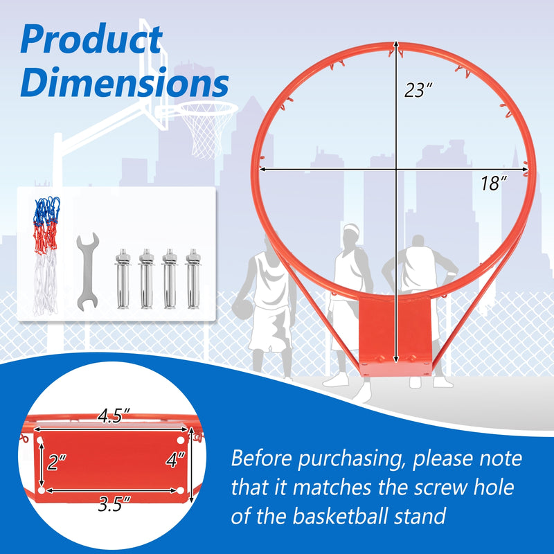 18 Inch Basketball Rim Goal Replacement with All Weather Net and Mounting Hardware-Orange