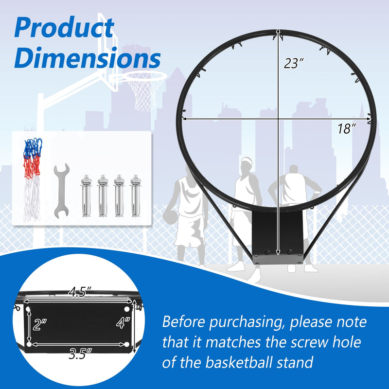 18 Inch Basketball Rim Goal Replacement with All Weather Net and Mounting Hardware-Black