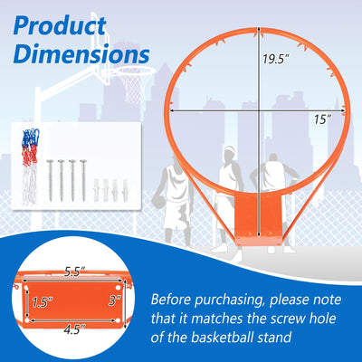 15 Inch Basketball Rim Goal Replacement with All Weather Net and Mounting Hardware-Orange