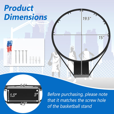 15 Inch Basketball Rim Goal Replacement with All Weather Net and Mounting Hardware-Black