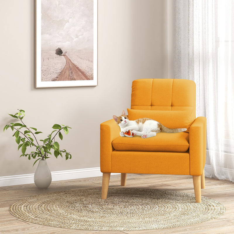 Accent Chair with Lumbar Pillow  Natural Rubber Wood Legs  Padded Cushions-Yellow