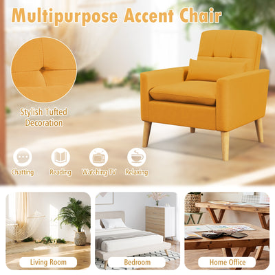 Accent Chair with Lumbar Pillow  Natural Rubber Wood Legs  Padded Cushions-Yellow