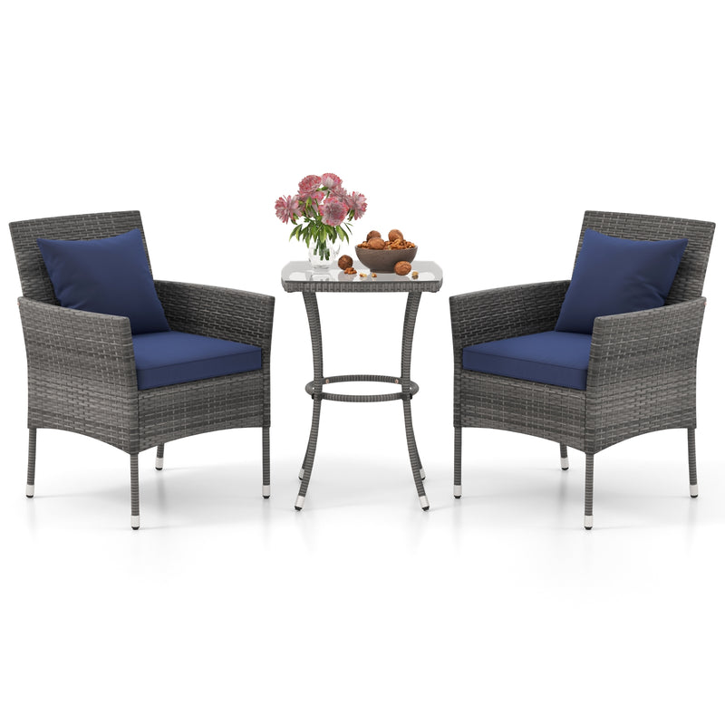 3 Pieces Patio Furniture Set with Cushioned Patio Chairs and Tempered Glass Coffee Table-Navy