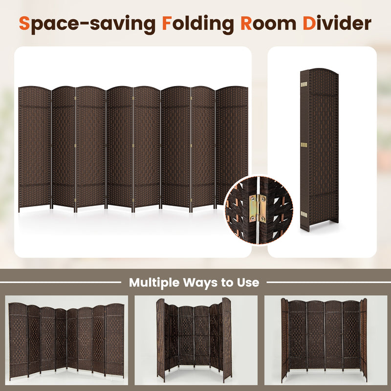 8-Panel Folding Room Divider with Hand-Woven Texture and Solid Wood Frame-Bown