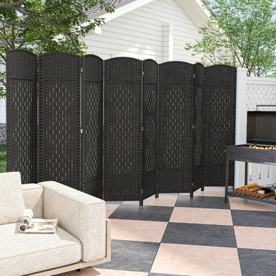 8-Panel Folding Room Divider with Hand-Woven Texture and Solid Wood Frame-Black