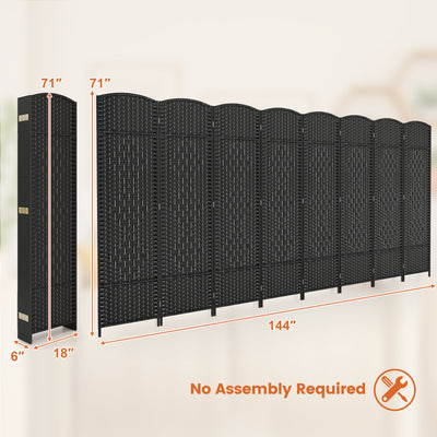 8-Panel Folding Room Divider with Hand-Woven Texture and Solid Wood Frame-Black