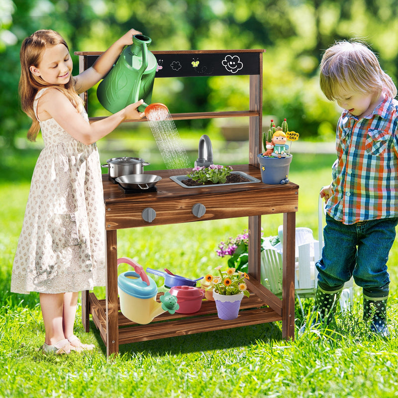 Outdoor Mud Kitchen for Kids with Rotatable Faucet and Removable Sink-Natural