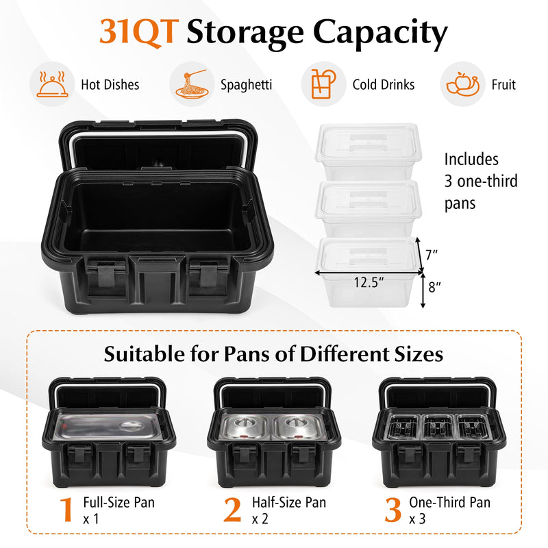 31 QT Insulated Food Pan Container with 3 Transparent One-Third Pans with Lids-Black