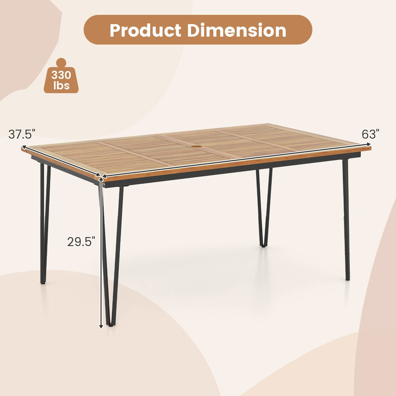 63 Inch Rectangular Outdoor Dining Table for 6 People with Acacia Wood Tabletop and Umbrella Hole-63 inches