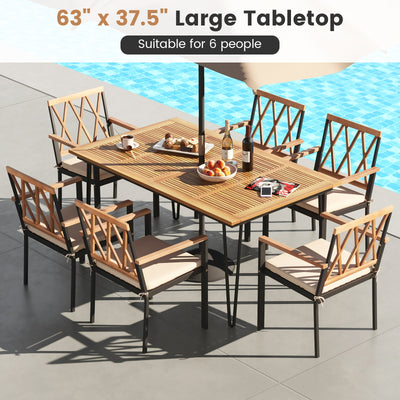 63 Inch Rectangular Outdoor Dining Table for 6 People with Acacia Wood Tabletop and Umbrella Hole-63 inches