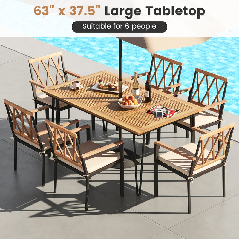 63 Inch Rectangular Outdoor Dining Table for 6 People with Acacia Wood Tabletop and Umbrella Hole-63 inches