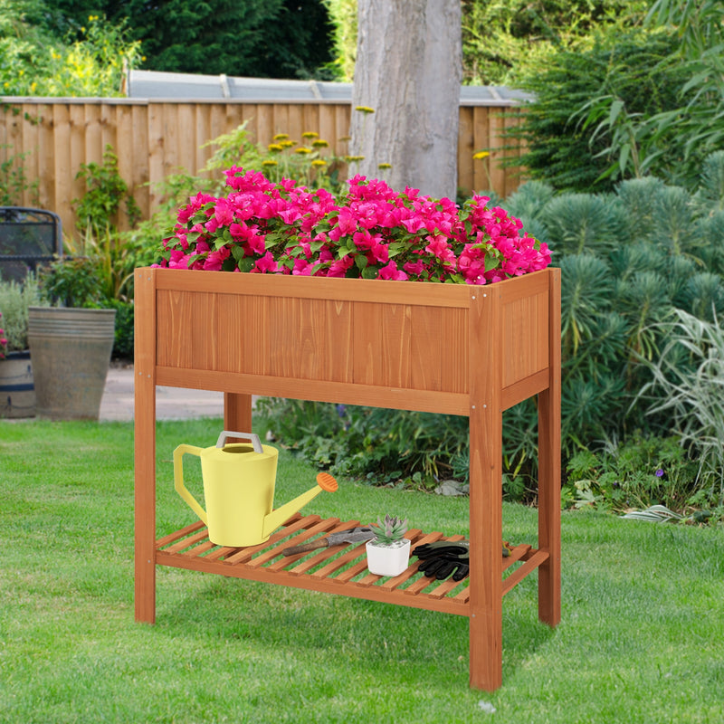 Outdoor Raised Garden Bed Fir Wood Planter Box with Bottom Storage Shelf and Protective Liner-Brown