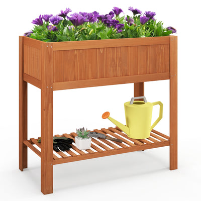 Outdoor Raised Garden Bed Fir Wood Planter Box with Bottom Storage Shelf and Protective Liner-Brown