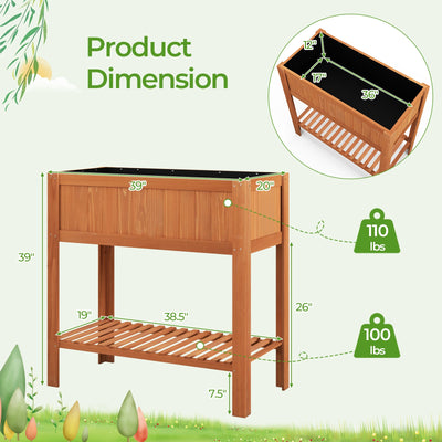 Outdoor Raised Garden Bed Fir Wood Planter Box with Bottom Storage Shelf and Protective Liner-Brown