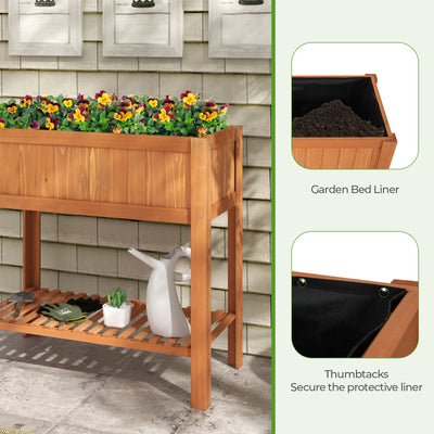 Outdoor Raised Garden Bed Fir Wood Planter Box with Bottom Storage Shelf and Protective Liner-Brown