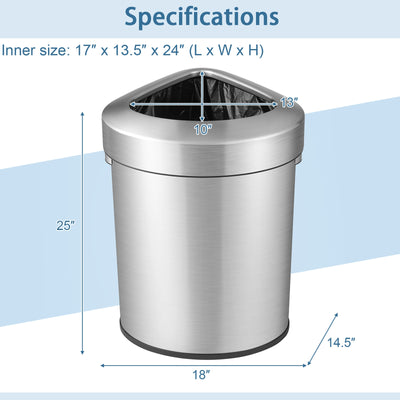 60L Stainless Corner Steel Trash Bin with Lid and Anti-slip Bottom-Silver