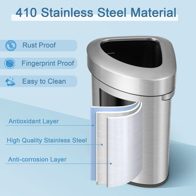 60L Stainless Corner Steel Trash Bin with Lid and Anti-slip Bottom-Silver