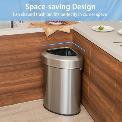 60L Stainless Corner Steel Trash Bin with Lid and Anti-slip Bottom-Silver