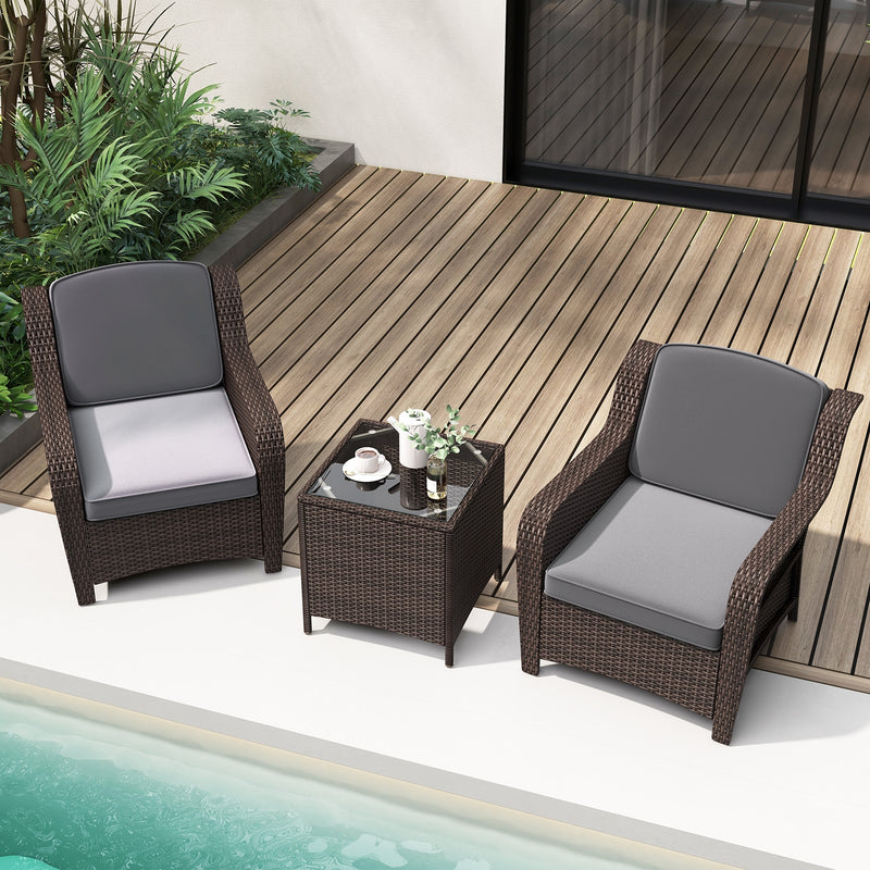 3 Pieces Outdoor Rattan Furniture Set with Cushions and Tempered Glass Coffee Table-Gray