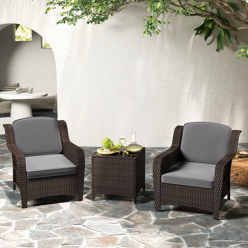 3 Pieces Outdoor Rattan Furniture Set with Cushions and Tempered Glass Coffee Table-Gray