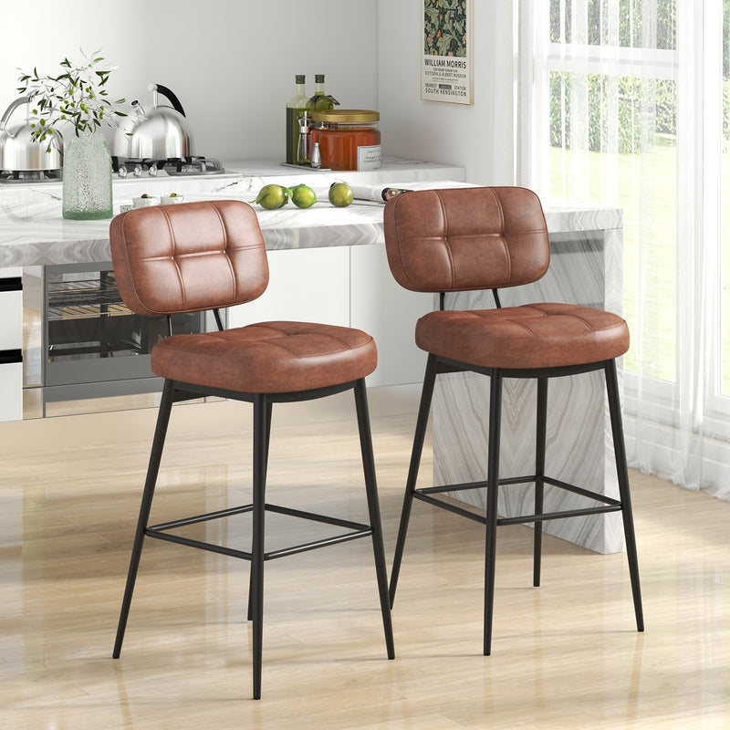 Set of 2 Bar Stools with Padded Seat and Footrest for Kitchen Island-Brown and Black