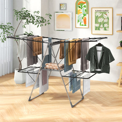 2-Tier Clothes Drying Rack with 33 Drying Rails and Height Adjustable Gullwings