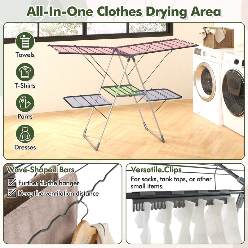 2-Tier Clothes Drying Rack with 33 Drying Rails and Height Adjustable Gullwings