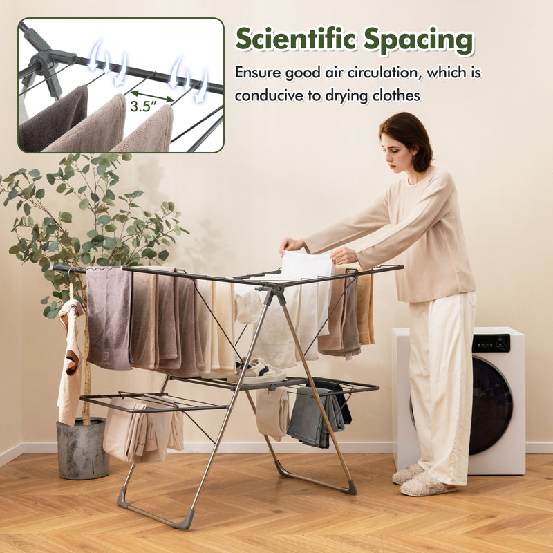 2-Tier Clothes Drying Rack with 33 Drying Rails and Height Adjustable Gullwings