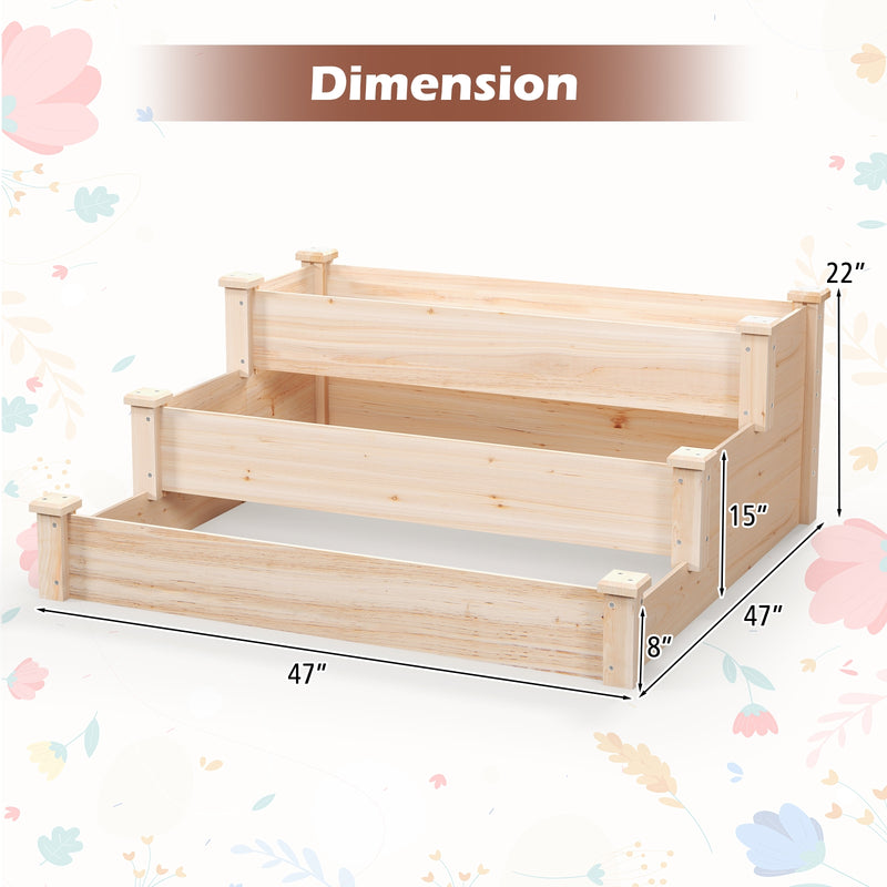 3-Tier Wooden Raised Garden Bed for Backyard Patio Gardening