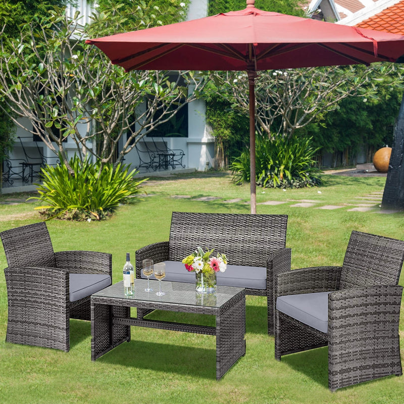 4 Pieces Patio Rattan Furniture Set with Glass Table and Loveseat-Gray